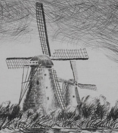 Camille COMBE : Les moulins dans le vent, Gravure originale signée