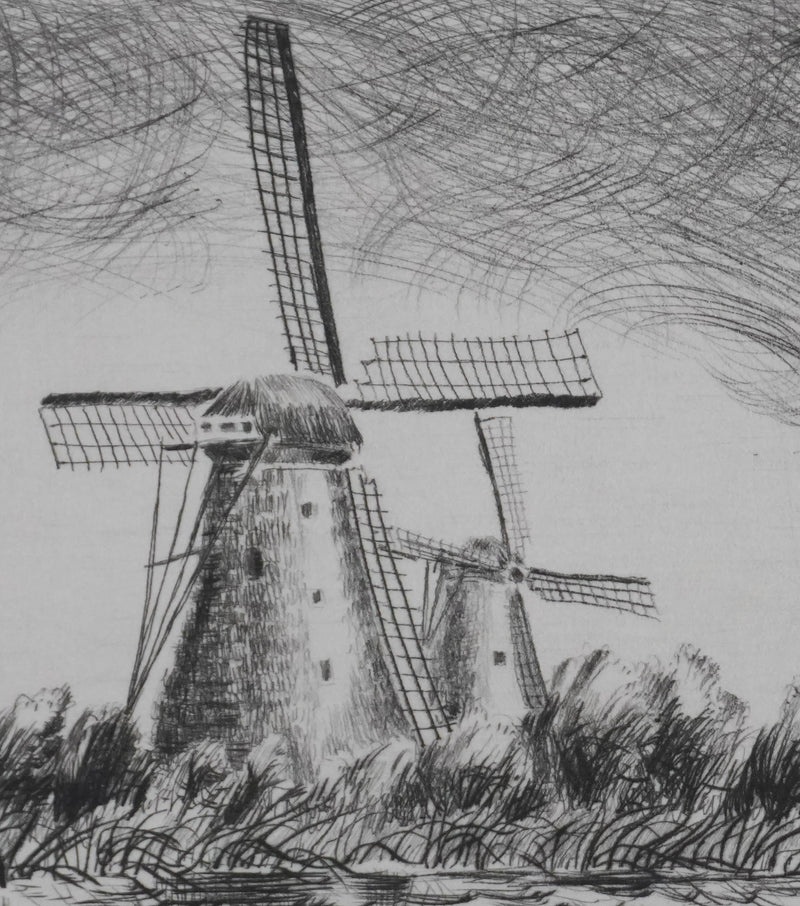 Camille COMBE : Les moulins dans le vent, Gravure originale signée