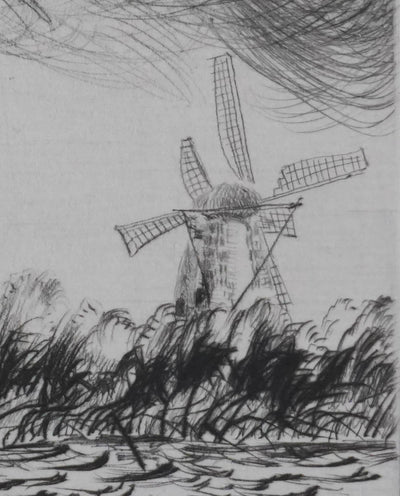Camille COMBE : Les moulins dans le vent, Gravure originale signée