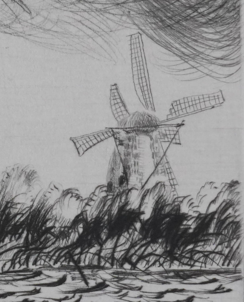 Camille COMBE : Les moulins dans le vent, Gravure originale signée