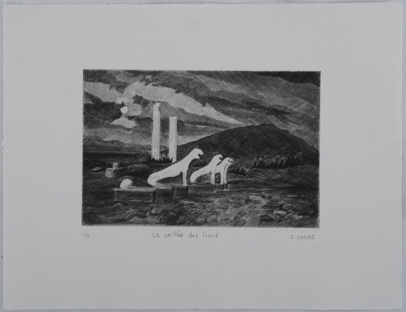 Camille COMBE : La veillée des lions, Gravure originale signée