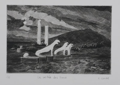 Camille COMBE : La veillée des lions, Gravure originale signée