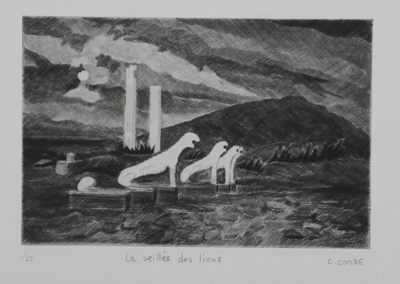 Camille COMBE : La veillée des lions, Gravure originale signée
