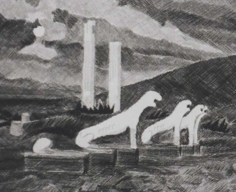Camille COMBE : La veillée des lions, Gravure originale signée