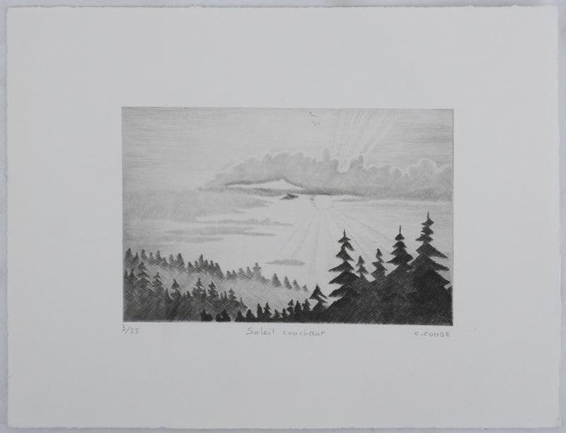 Camille COMBE : Soleil couchant, Gravure originale signée