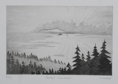 Camille COMBE : Soleil couchant, Gravure originale signée