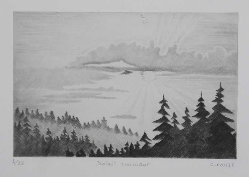 Camille COMBE : Soleil couchant, Gravure originale signée