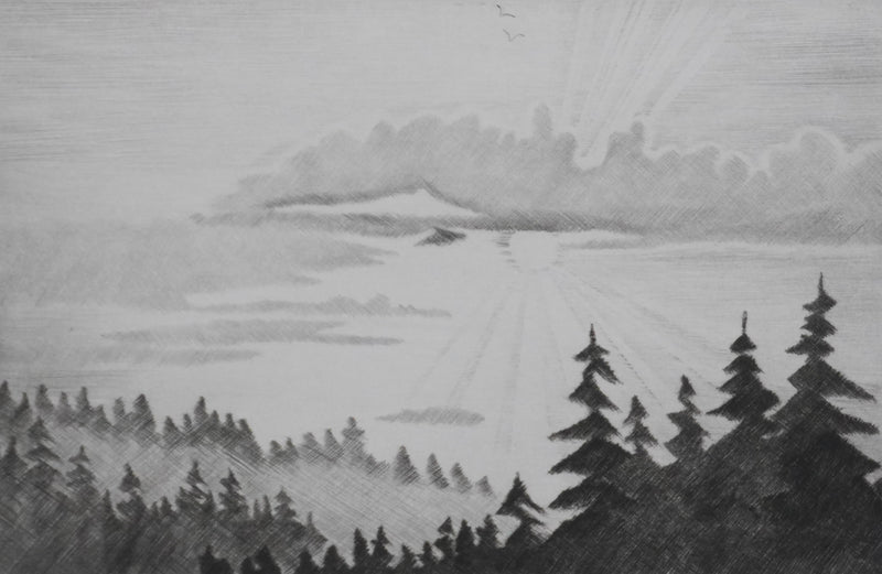 Camille COMBE : Soleil couchant, Gravure originale signée