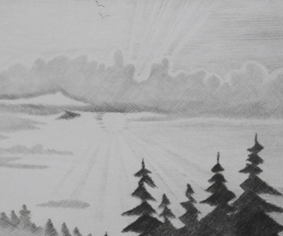 Camille COMBE : Soleil couchant, Gravure originale signée