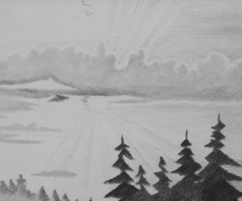 Camille COMBE : Soleil couchant, Gravure originale signée