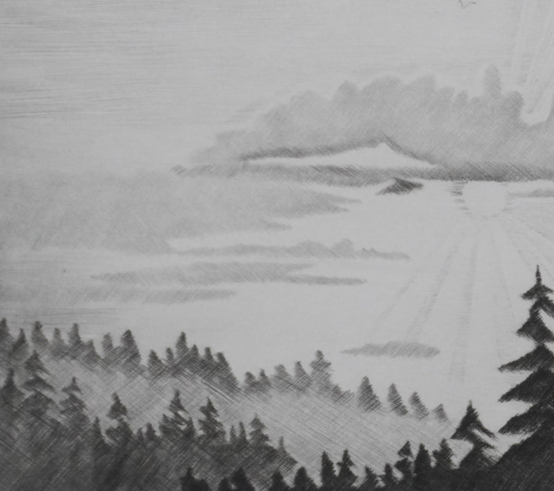 Camille COMBE : Soleil couchant, Gravure originale signée
