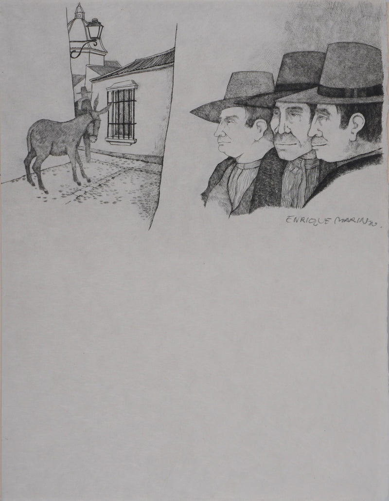 Enrique MARIN MUNOZ : Les trois hommes et la mule (japon), Gravure originale signée