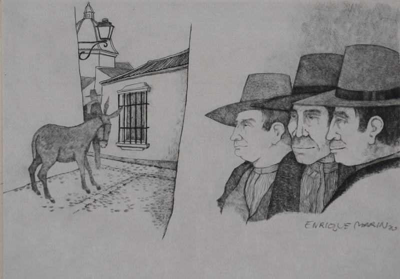 Enrique MARIN MUNOZ : Les trois hommes et la mule (japon), Gravure originale signée