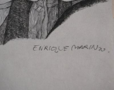 Enrique MARIN MUNOZ : Les trois hommes et la mule (japon), Gravure originale signée