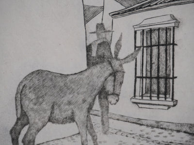 Enrique MARIN MUNOZ : Les trois hommes et la mule (japon), Gravure originale signée