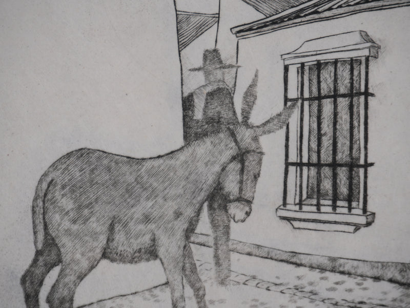 Enrique MARIN MUNOZ : Les trois hommes et la mule (japon), Gravure originale signée