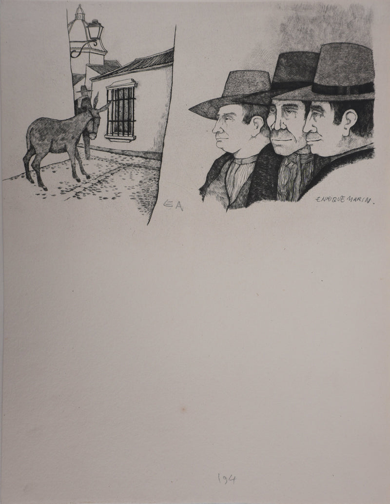 Enrique MARIN MUNOZ : Les trois hommes et la mule, Gravure originale signée (Copie)