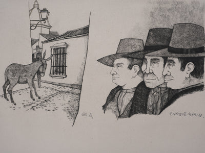Enrique MARIN MUNOZ : Les trois hommes et la mule, Gravure originale signée (Copie)