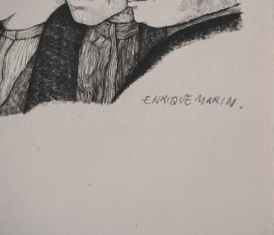 Enrique MARIN MUNOZ : Les trois hommes et la mule, Gravure originale signée (Copie)