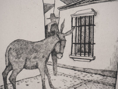 Enrique MARIN MUNOZ : Les trois hommes et la mule, Gravure originale signée (Copie)