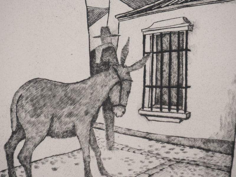 Enrique MARIN MUNOZ : Les trois hommes et la mule, Gravure originale signée (Copie)