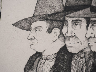 Enrique MARIN MUNOZ : Les trois hommes et la mule, Gravure originale signée (Copie)