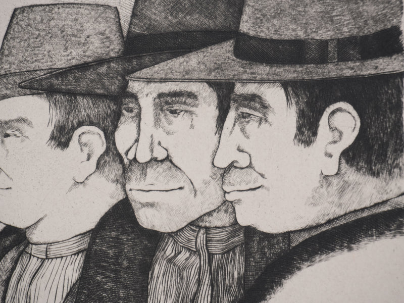 Enrique MARIN MUNOZ : Les trois hommes et la mule, Gravure originale signée (Copie)
