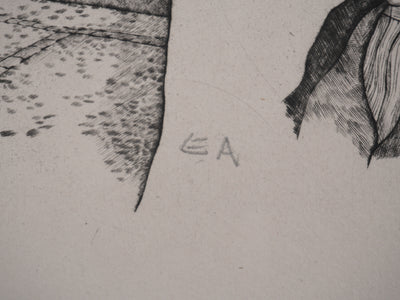 Enrique MARIN MUNOZ : Les trois hommes et la mule, Gravure originale signée (Copie)