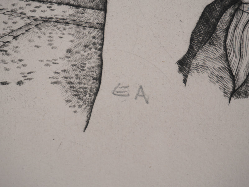 Enrique MARIN MUNOZ : Les trois hommes et la mule, Gravure originale signée (Copie)