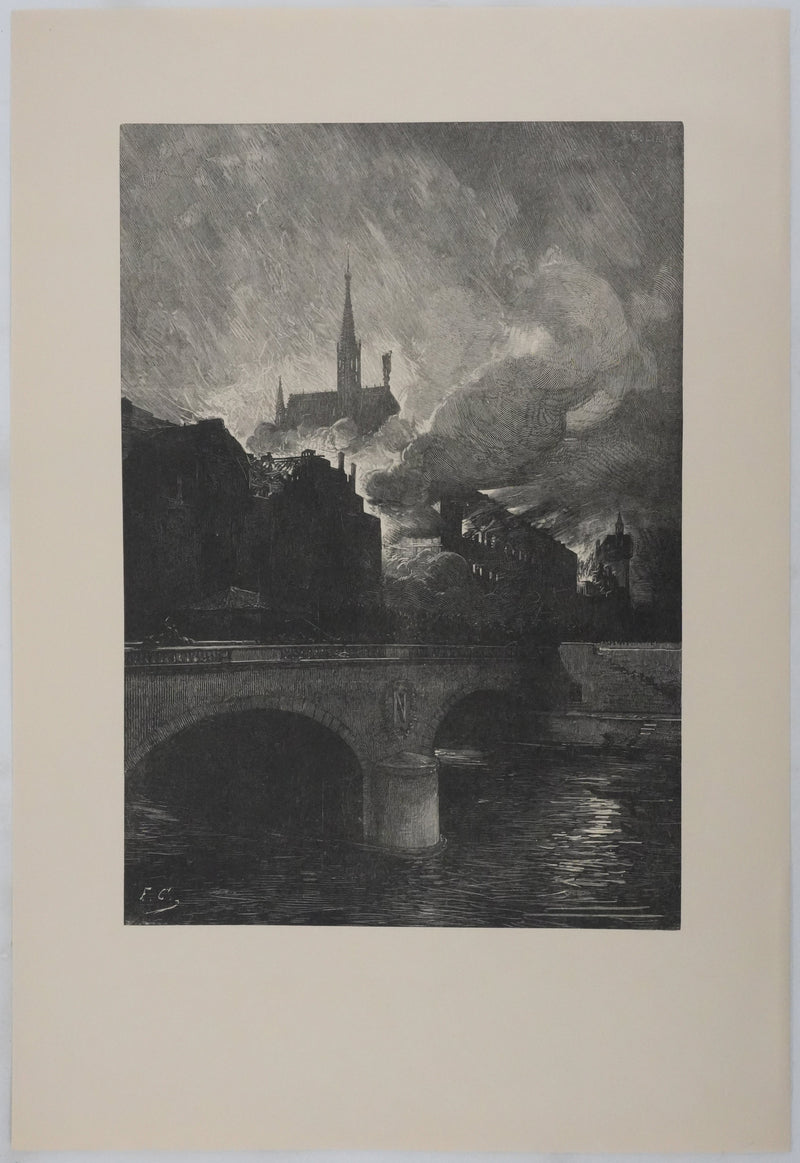 François Nicolas CHIFFLART : Sainte-Chapelle au milieu des flammes, Gravure originale signée
