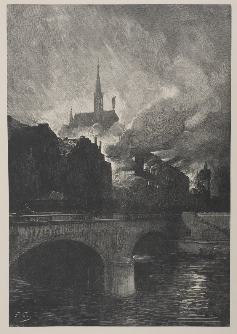 François Nicolas CHIFFLART : Sainte-Chapelle au milieu des flammes, Gravure originale signée