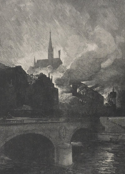 François Nicolas CHIFFLART : Sainte-Chapelle au milieu des flammes, Gravure originale signée