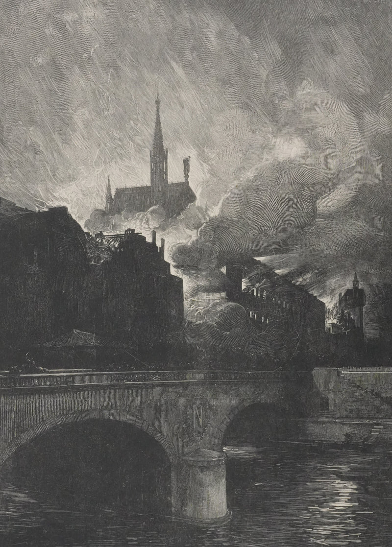 François Nicolas CHIFFLART : Sainte-Chapelle au milieu des flammes, Gravure originale signée