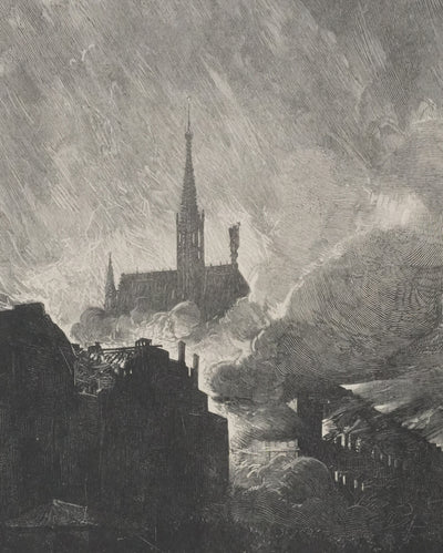 François Nicolas CHIFFLART : Sainte-Chapelle au milieu des flammes, Gravure originale signée