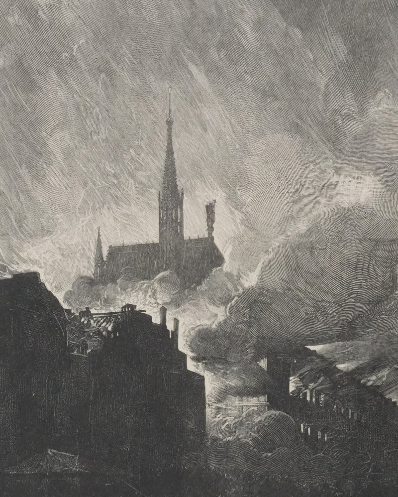 François Nicolas CHIFFLART : Sainte-Chapelle au milieu des flammes, Gravure originale signée