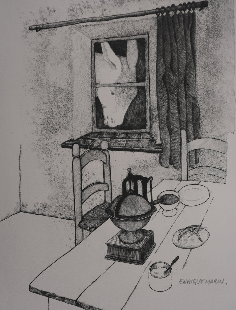 Enrique MARIN MUNOZ : Le souper, Gravure originale signée