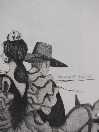 Enrique MARIN MUNOZ : La danseuse de flamenco et sa troupe, Gravure originale signée