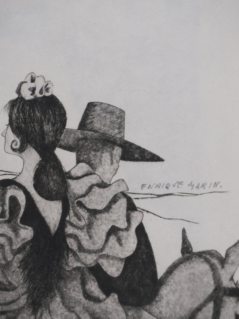 Enrique MARIN MUNOZ : La danseuse de flamenco et sa troupe, Gravure originale signée