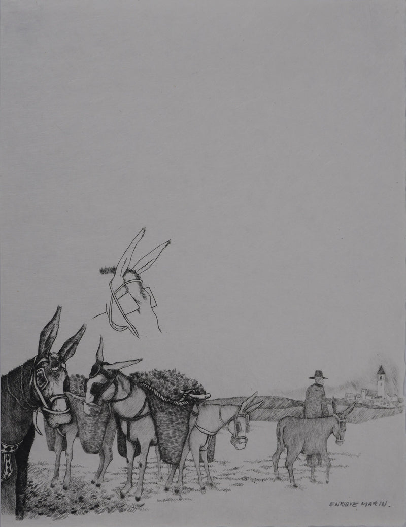 Enrique MARIN MUNOZ  : Les mules dans le champs, Gravure originale signée