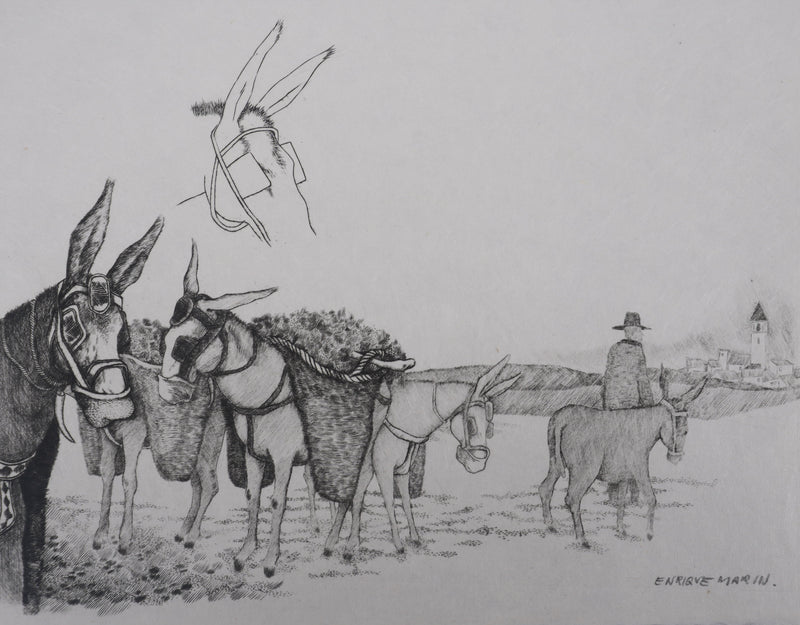 Enrique MARIN MUNOZ  : Les mules dans le champs, Gravure originale signée