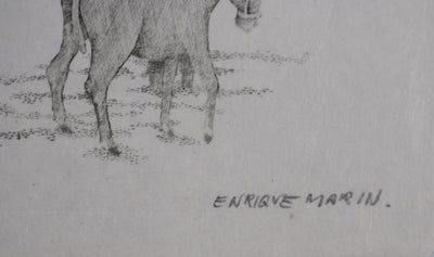 Enrique MARIN MUNOZ  : Les mules dans le champs, Gravure originale signée