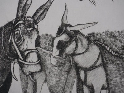 Enrique MARIN MUNOZ  : Les mules dans le champs, Gravure originale signée
