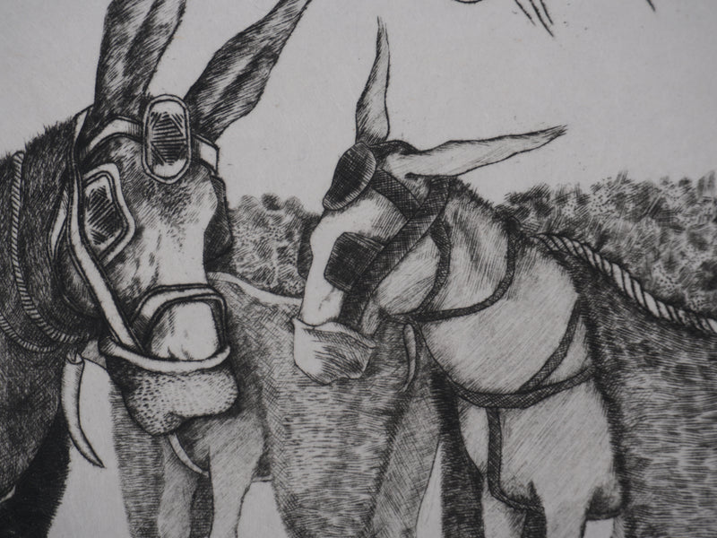 Enrique MARIN MUNOZ  : Les mules dans le champs, Gravure originale signée