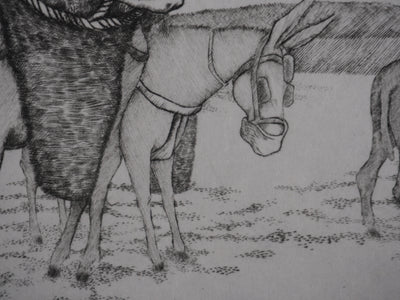 Enrique MARIN MUNOZ  : Les mules dans le champs, Gravure originale signée