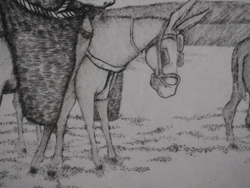 Enrique MARIN MUNOZ  : Les mules dans le champs, Gravure originale signée