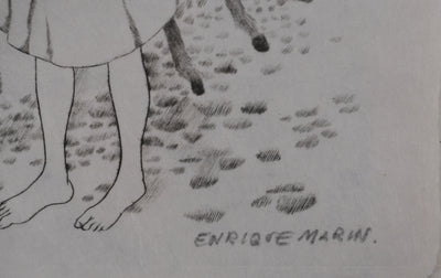 Enrique MARIN MUNOZ  : L'âne et les deux enfants, Gravure originale signée
