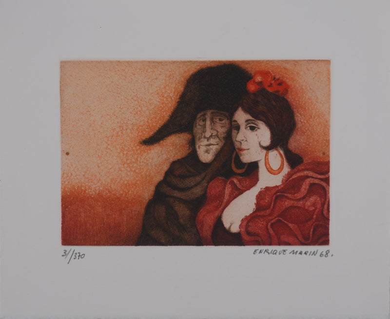 Enrique MARIN MUNOZ  : Voyageur et flamenca, Gravure originale signée