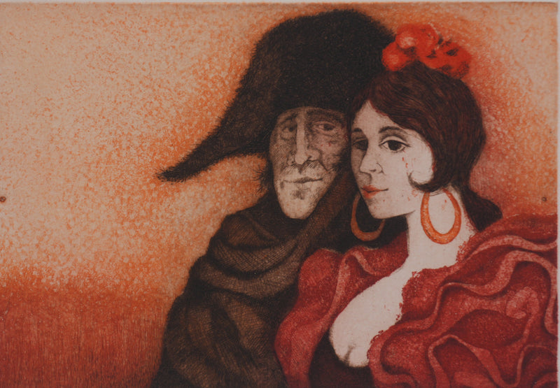 Enrique MARIN MUNOZ  : Voyageur et flamenca, Gravure originale signée
