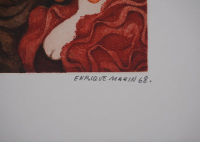 Enrique MARIN MUNOZ  : Voyageur et flamenca, Gravure originale signée