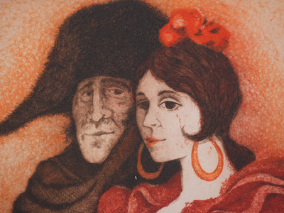 Enrique MARIN MUNOZ  : Voyageur et flamenca, Gravure originale signée